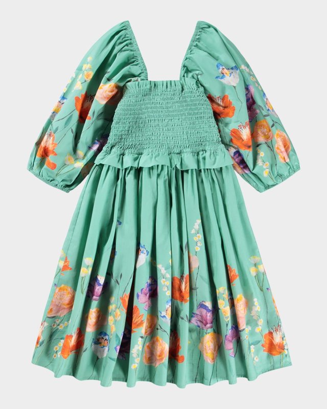 Girl's Chipie Smocked Floral Cotton Puff-Sleeve Dress, Size 7-12